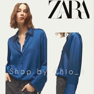 Zara RHINESTONE SATIN EFFECT SHIRT BLUE COLOR bloggers Favorite